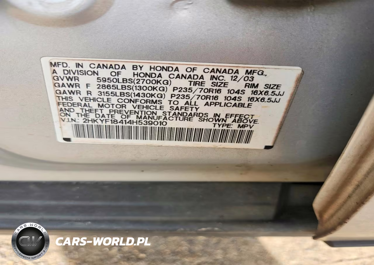 2004 Honda Pilot Ex VIN:2HKYF18414H539010 - 12