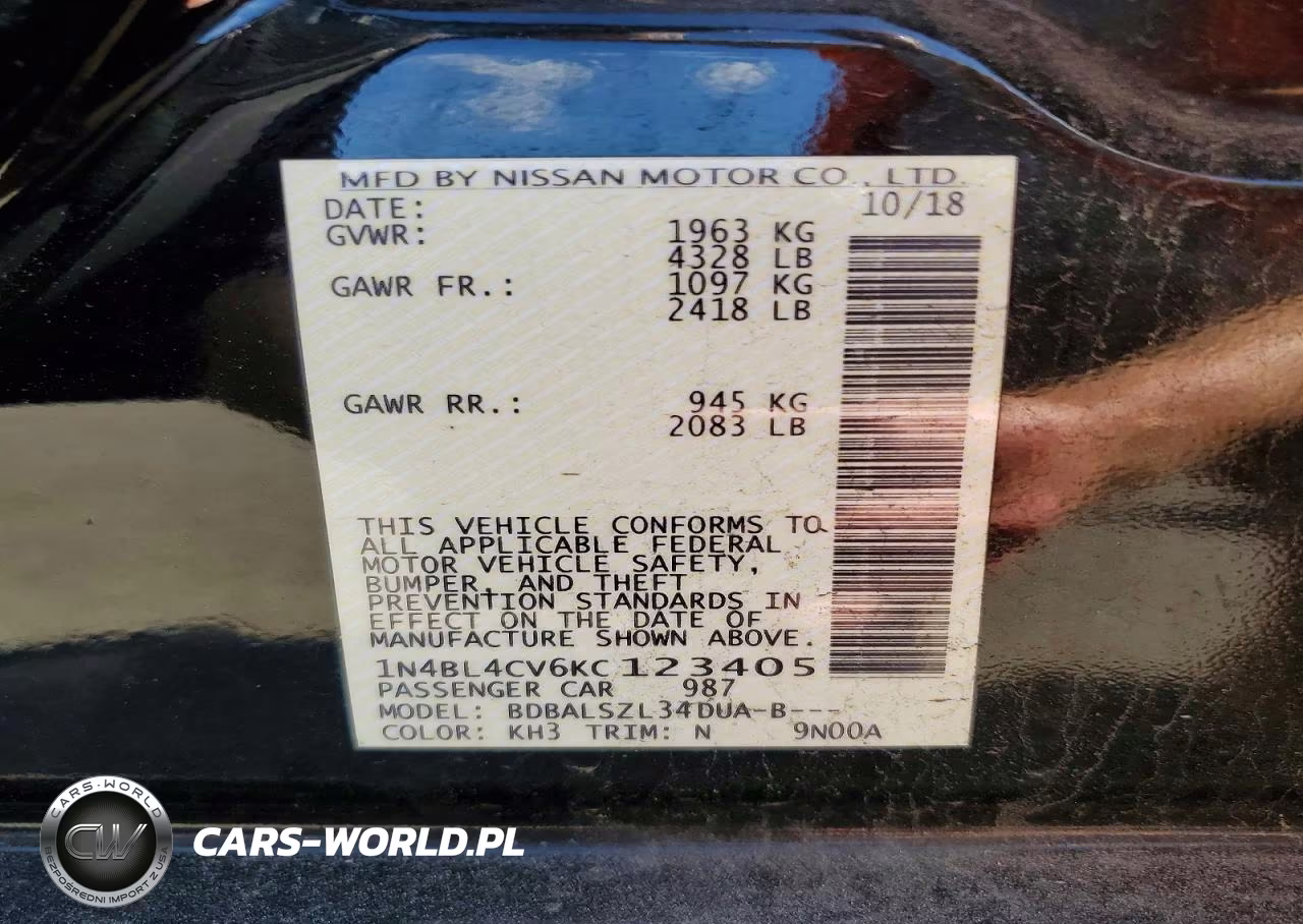 2019 Nissan Altima Sr VIN:1N4BL4CV6KC123405 - 12