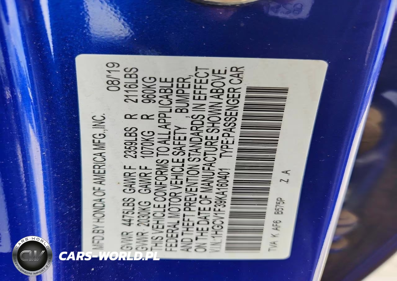 2019 Honda Accord Sport VIN:1HGCV1F39KA160401 - 12