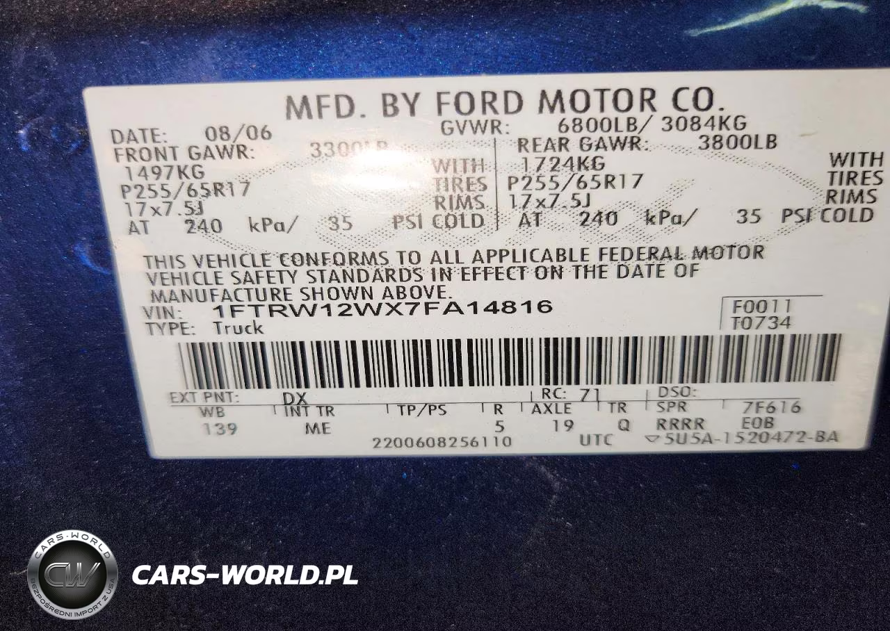 2007 Ford F150 Supercrew VIN:1FTRW12WX7FA14816 - 14