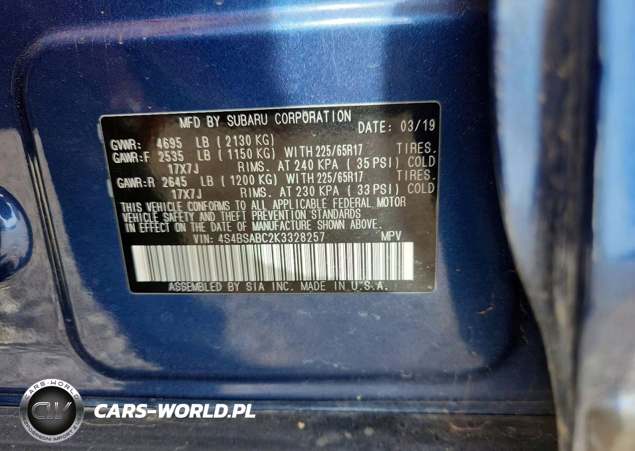 2019 Subaru Outback 2.5I VIN:4S4BSABC2K3328257 - 12