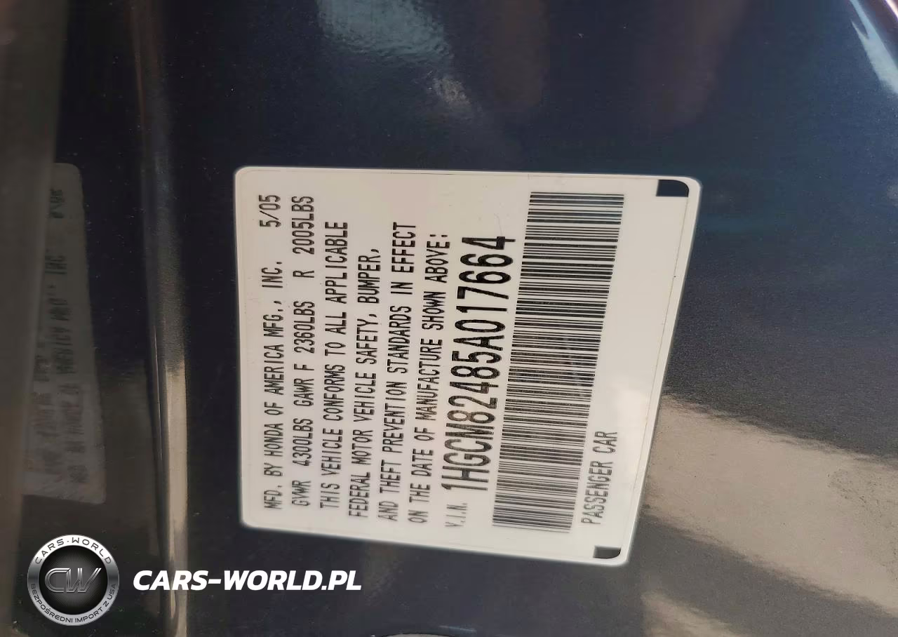 2005 Honda Accord Se VIN:1HGCM82485A017664 - 12