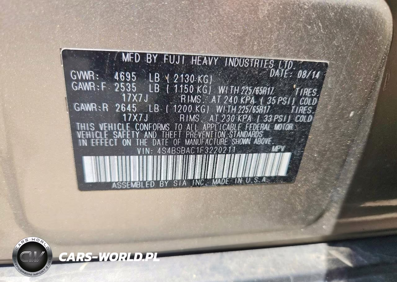 2015 Subaru Outback 2.5I VIN:4S4BSBAC1F3220211 - 13