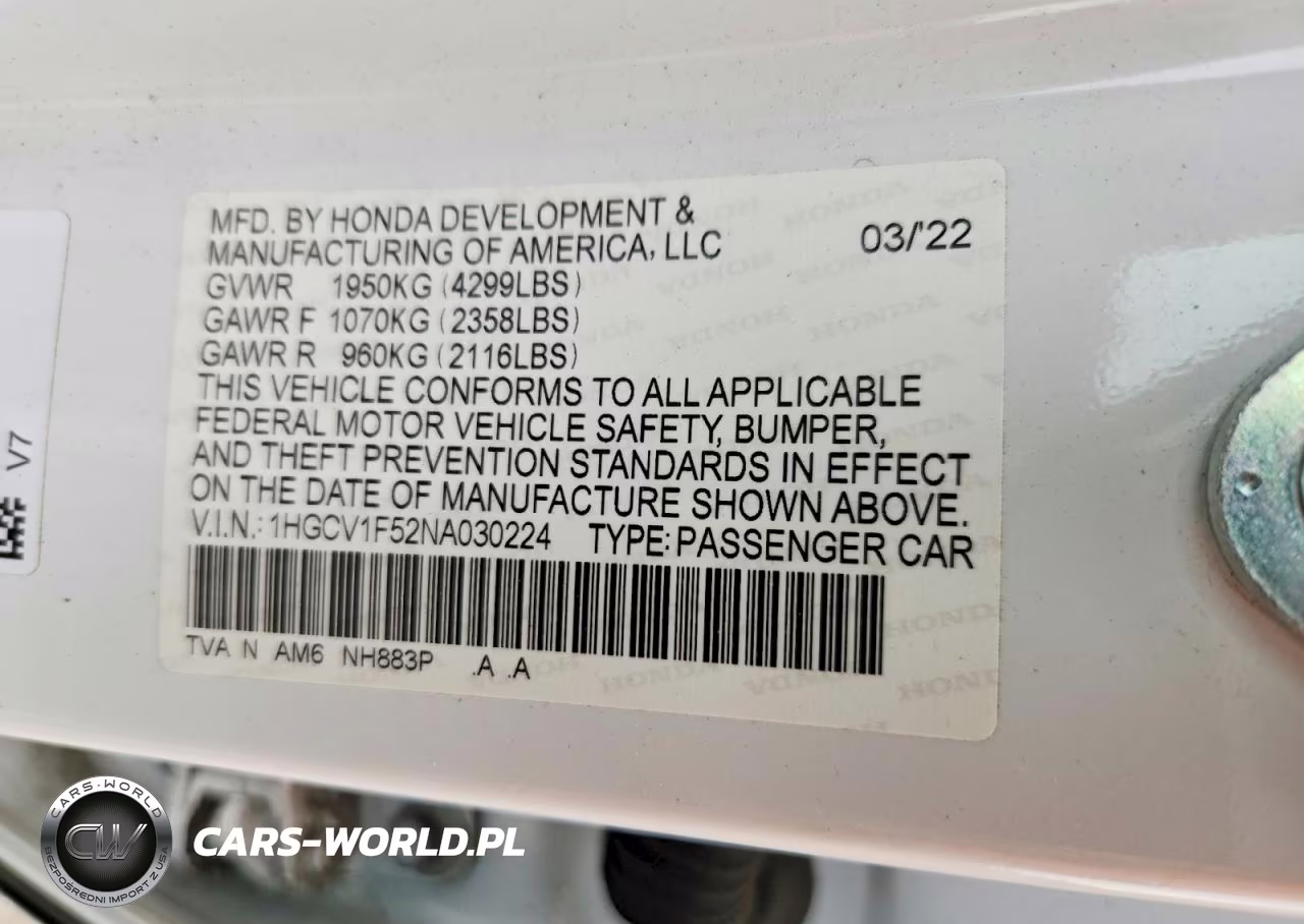 2022 Honda Accord Exl VIN:1HGCV1F52NA030224 - 12