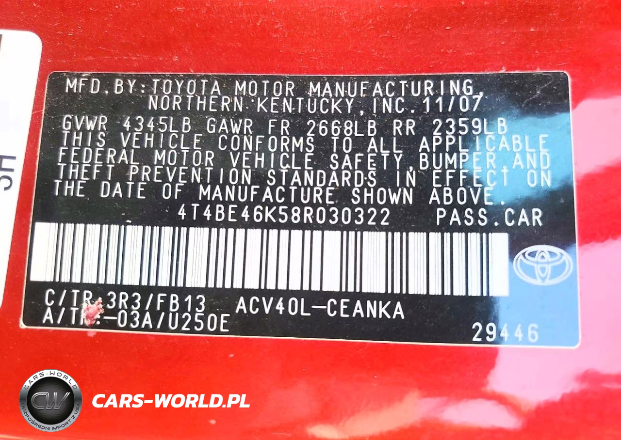 2008 Toyota Camry Le VIN:4T4BE46K58R030322 - 12