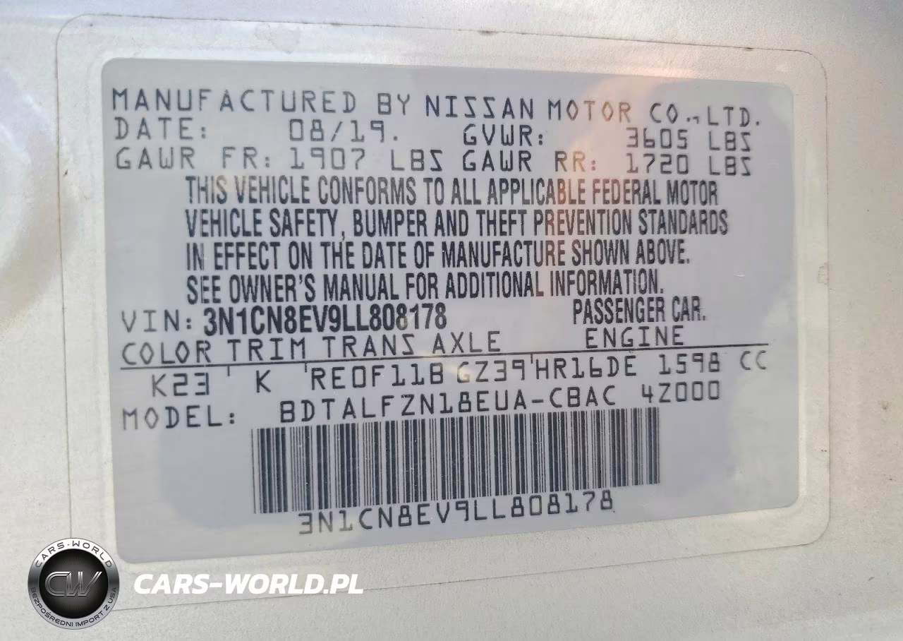 2020 Nissan Versa Sv Xtronic Cvt VIN:3N1CN8EV9LL808178 - 12