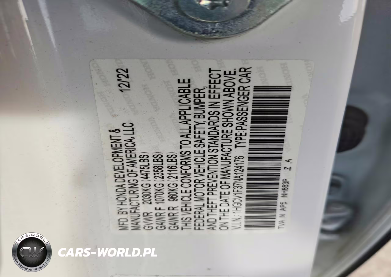 2022 Honda Accord Sport VIN:1HGCV1F37NA124176 - 13