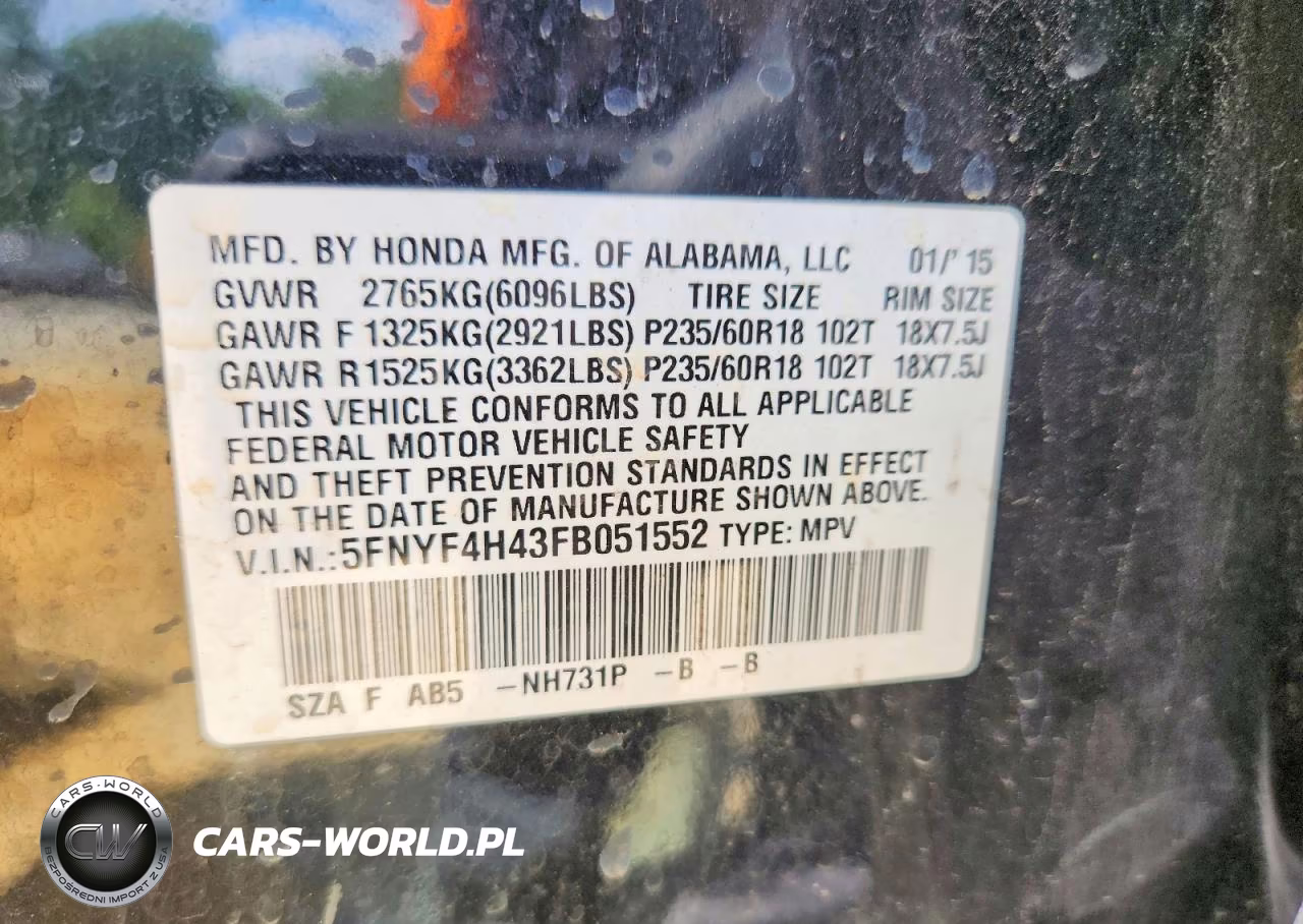2015 Honda Pilot Ex VIN:5FNYF4H43FB051552 - 13