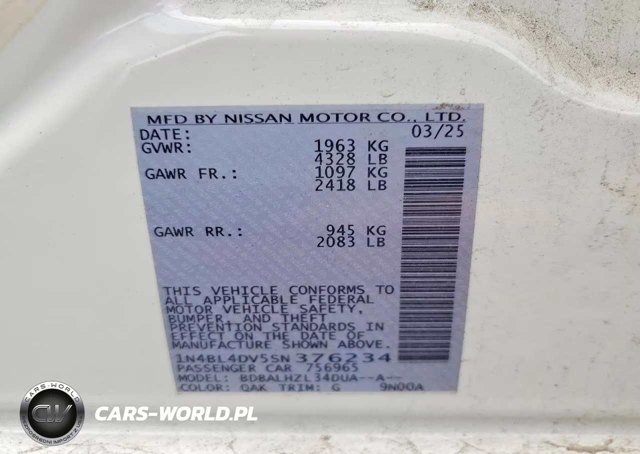 2025 Nissan Altima Sv VIN:1N4BL4DV5SN376234 - 12