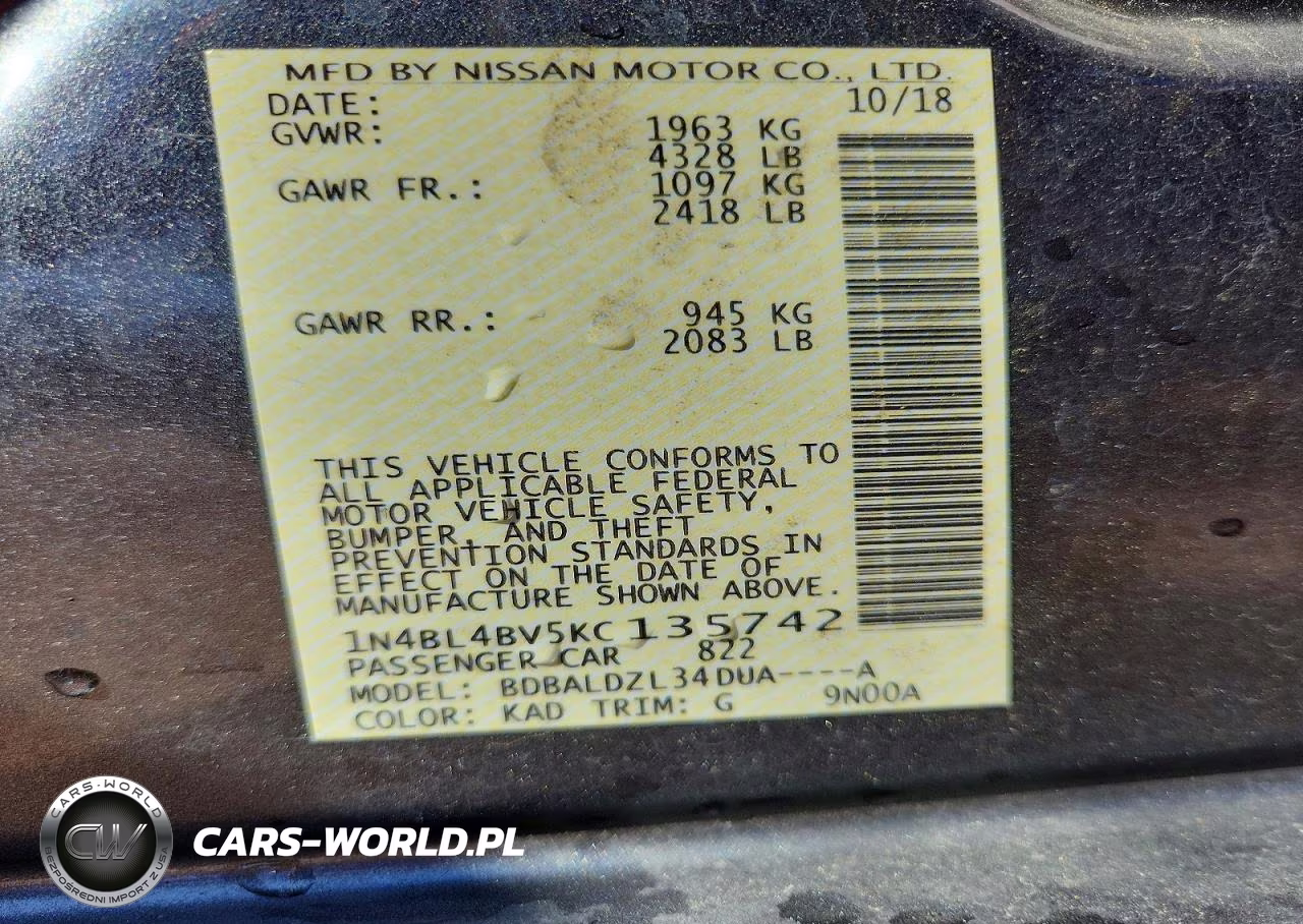 2019 Nissan Altima S VIN:1N4BL4BV5KC135742 - 13