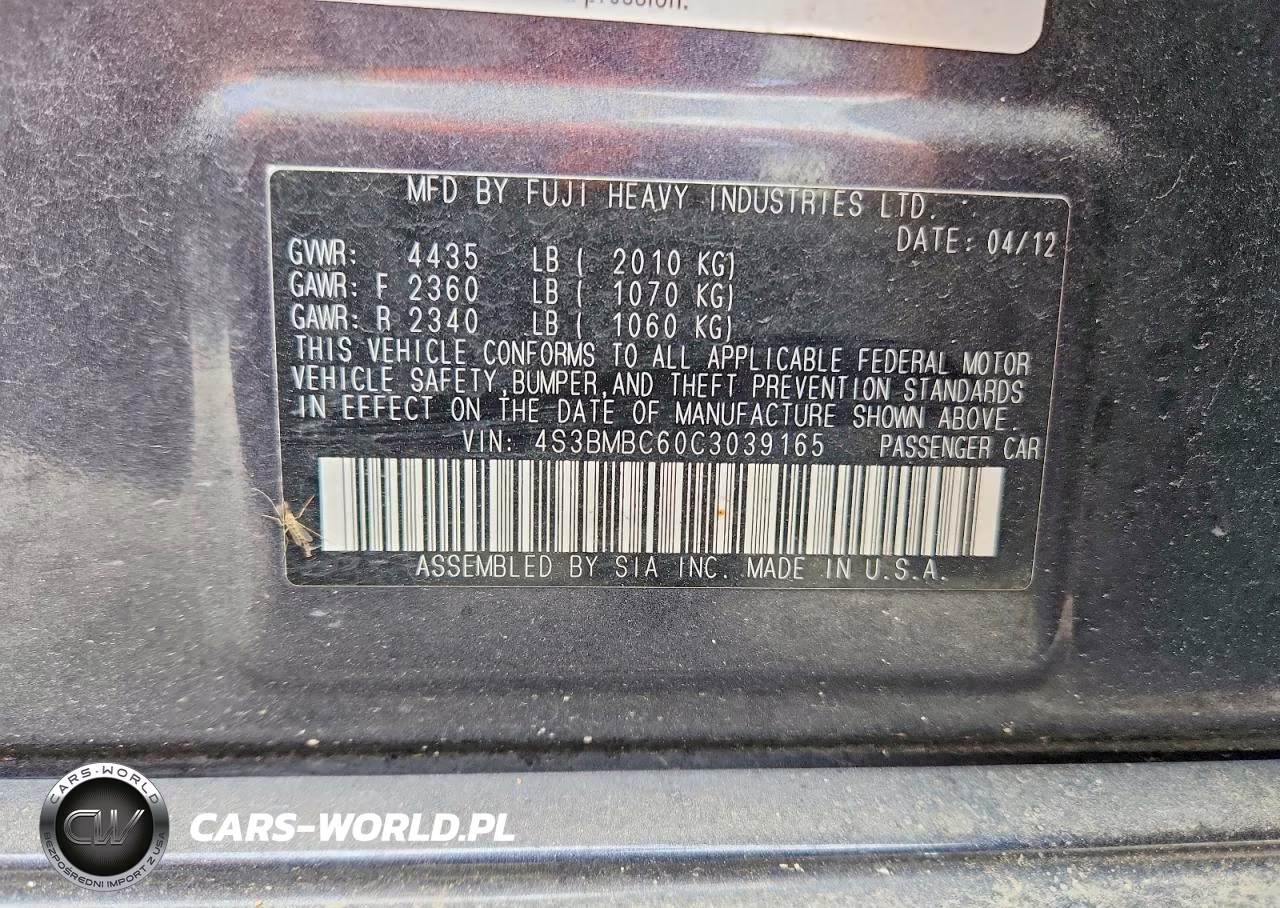 2012 Subaru Legacy 2.5I Premium VIN:4S3BMBC60C3039165 - 12