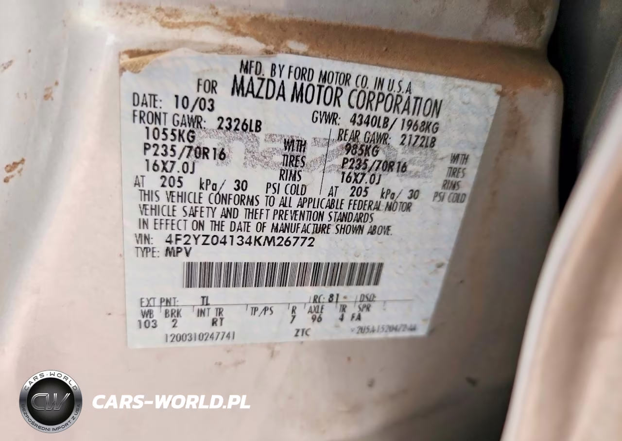 2004 Mazda Tribute Lx VIN:4F2YZ04134KM26772 - 13
