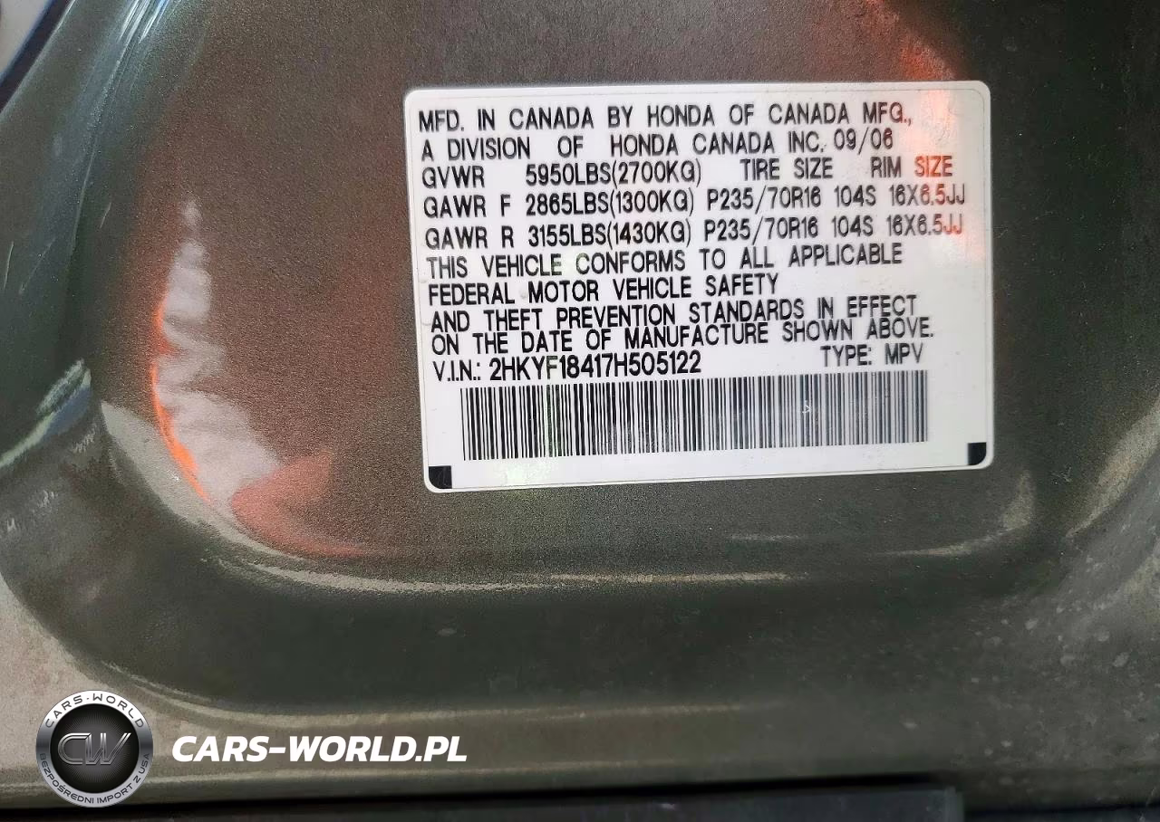 2007 Honda Pilot Ex VIN:2HKYF18417H505122 - 12