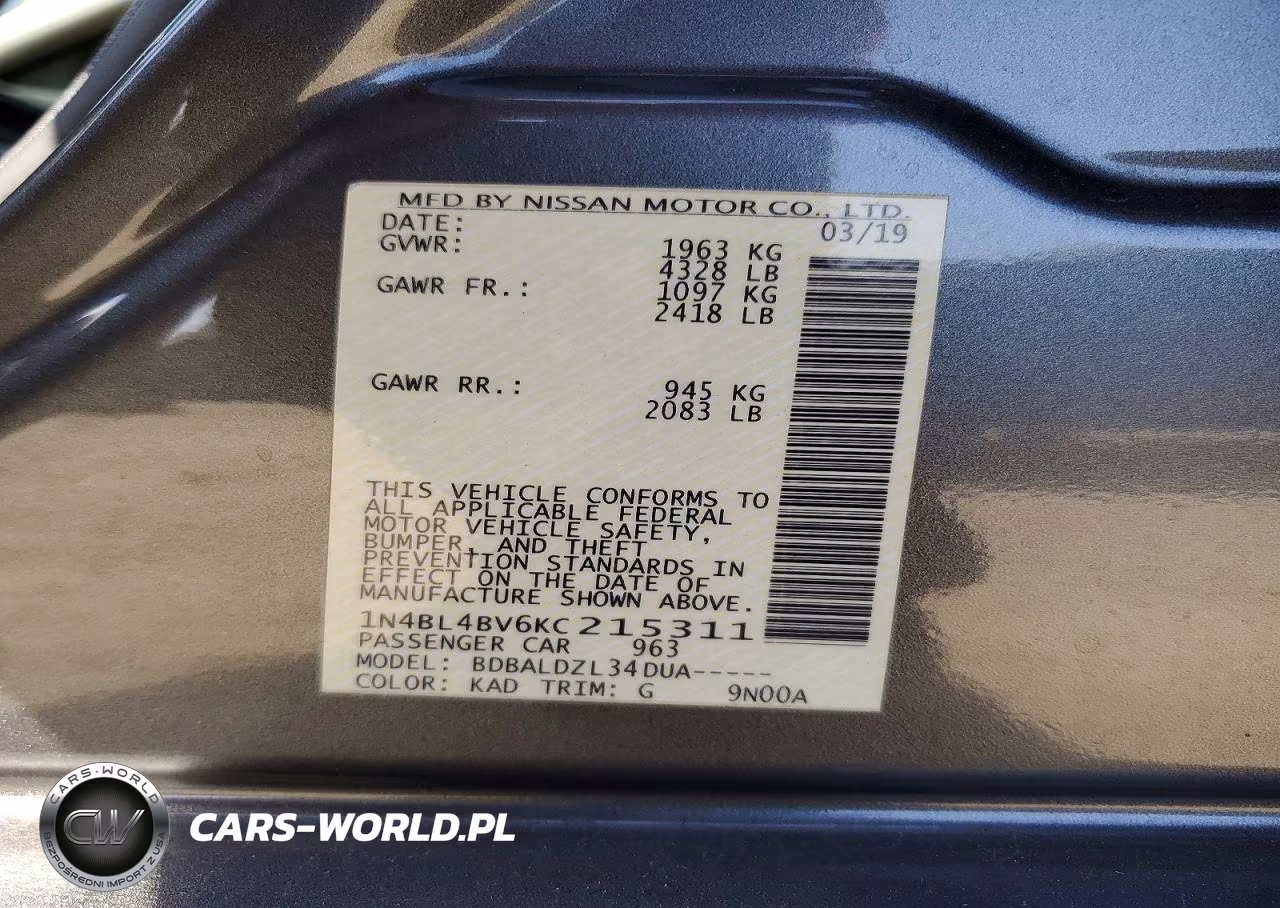 2019 Nissan Altima S VIN:1N4BL4BV6KC215311 - 12
