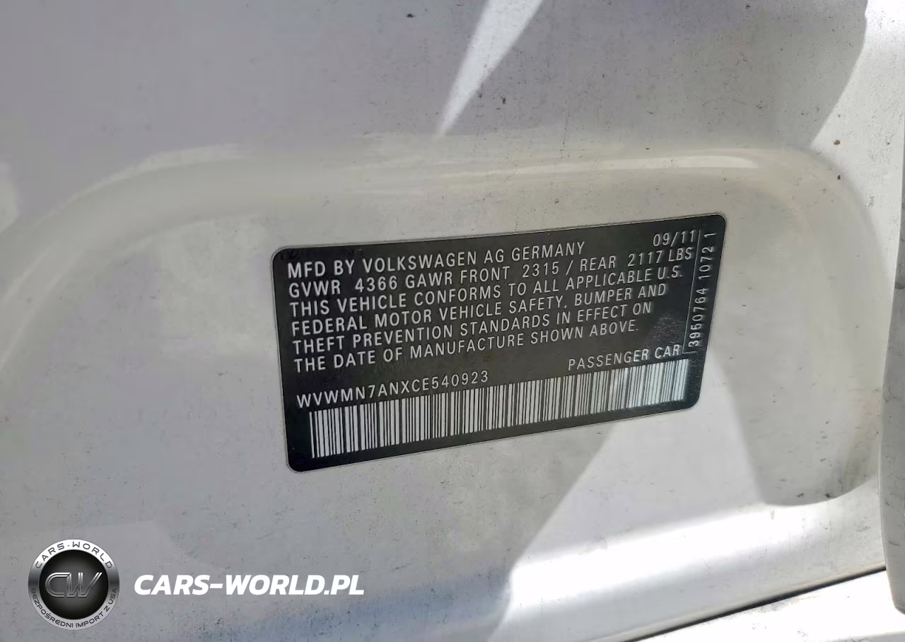 2012 Volkswagen Cc Sport VIN:WVWMN7ANXCE540923 - 12