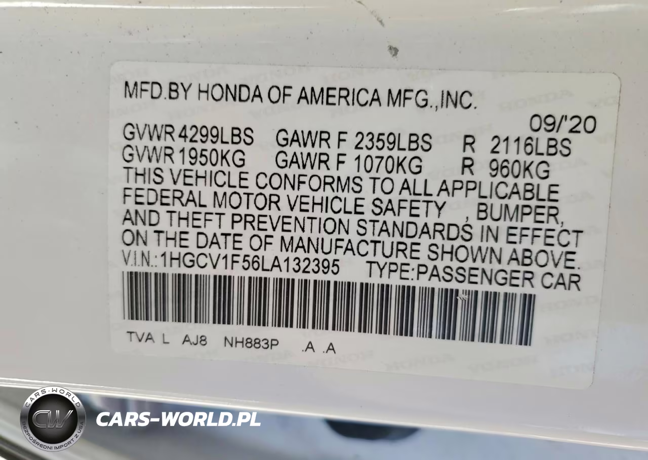 2020 Honda Accord Exl VIN:1HGCV1F56LA132395 - 13