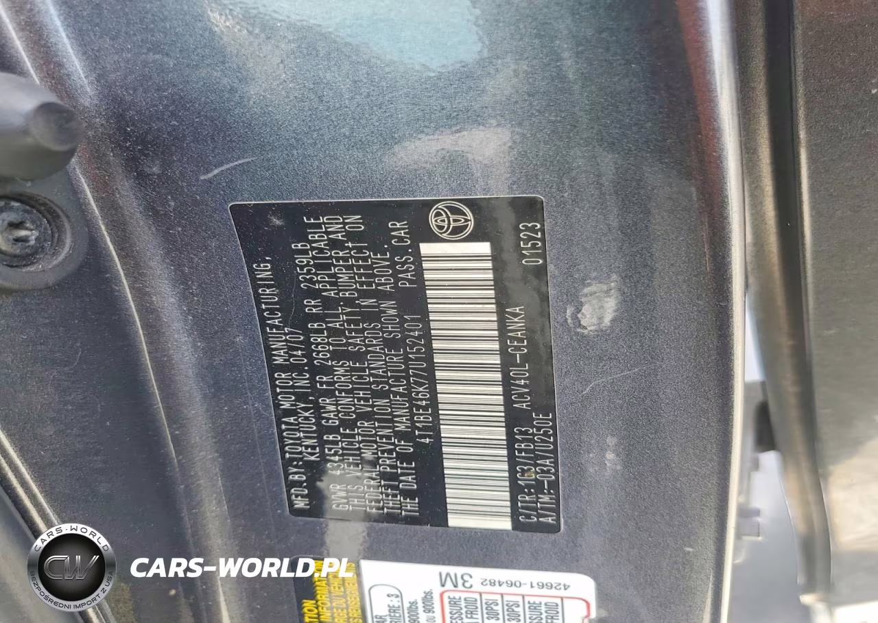 2007 Toyota Camry Le VIN:4T1BE46K77U152401 - 12