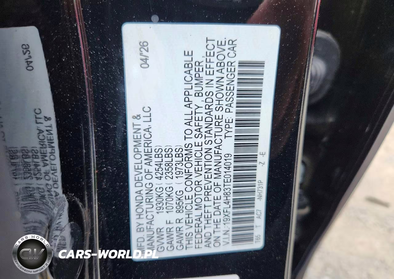 2026 Honda Civic Sport VIN:19XFL4H83TE014019 - 12