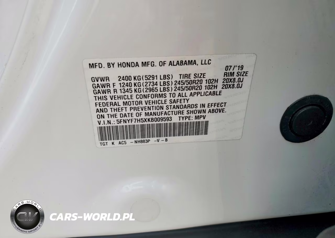2019 Honda Passport Exl VIN:5FNYF7H5XKB009593 - 15
