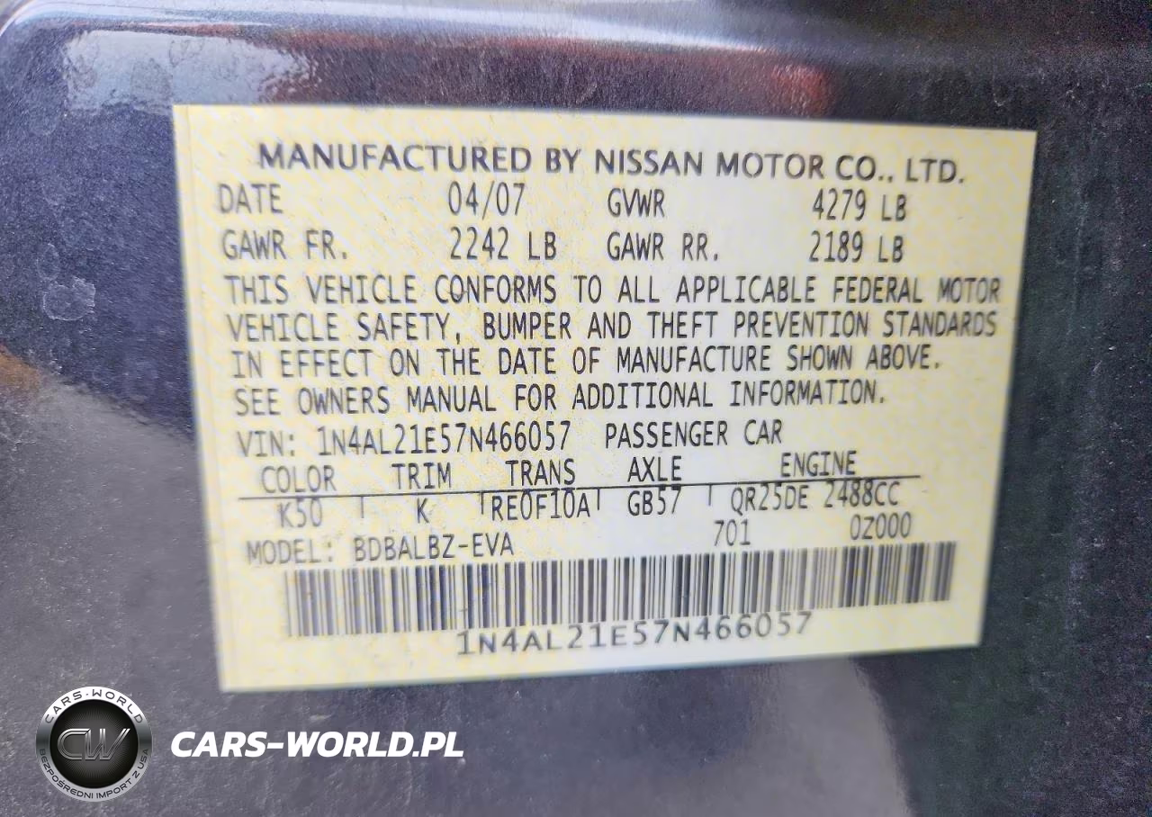 2007 Nissan Altima 2.5 VIN:1N4AL21E57N466057 - 12