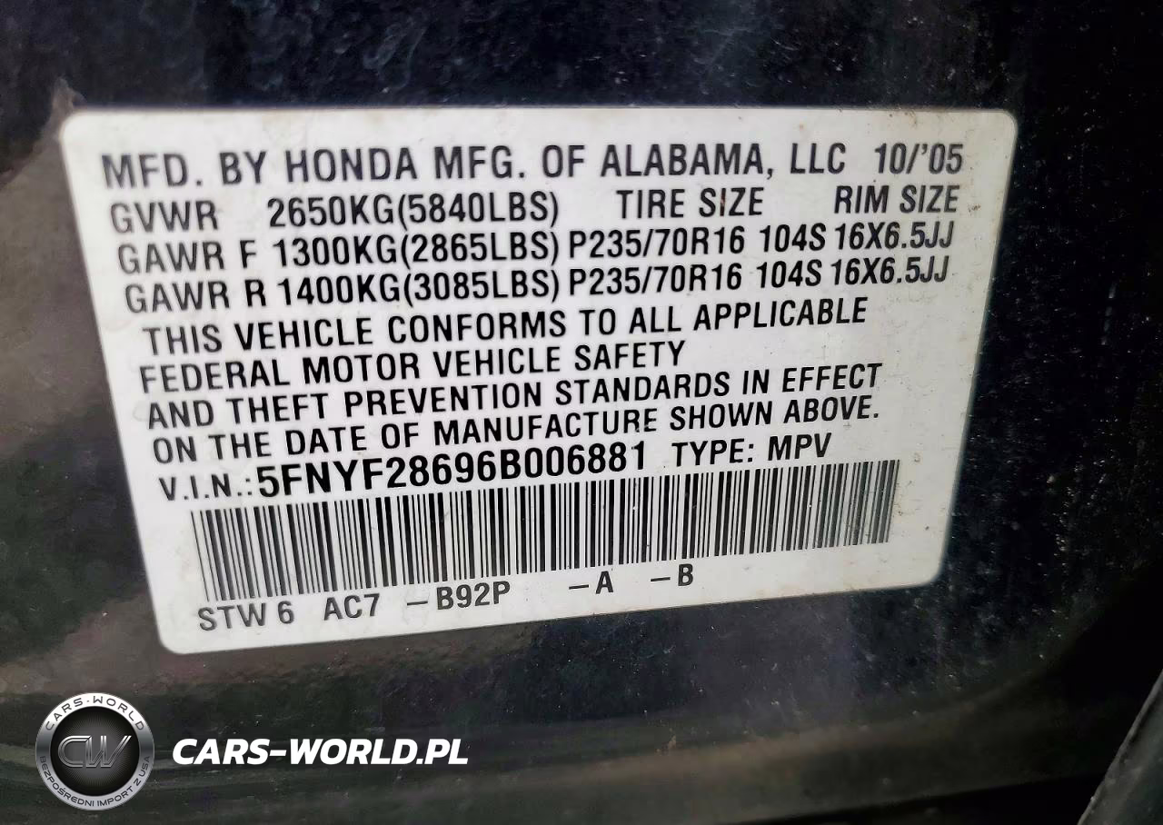 2006 Honda Pilot Ex VIN:5FNYF28696B006881 - 13