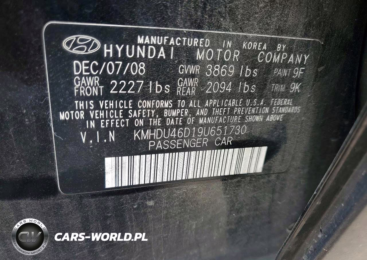 2009 Hyundai Elantra Gls VIN:KMHDU46D19U651730 - 12