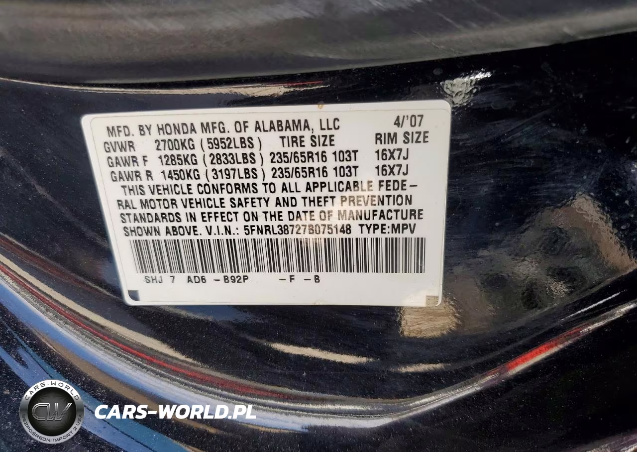 2007 Honda Odyssey Exl VIN:5FNRL38727B075148 - 13