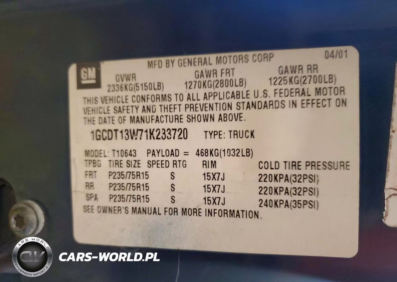 2001 Chevrolet S Truck S10 VIN:1GCDT13W71K233720 - 12