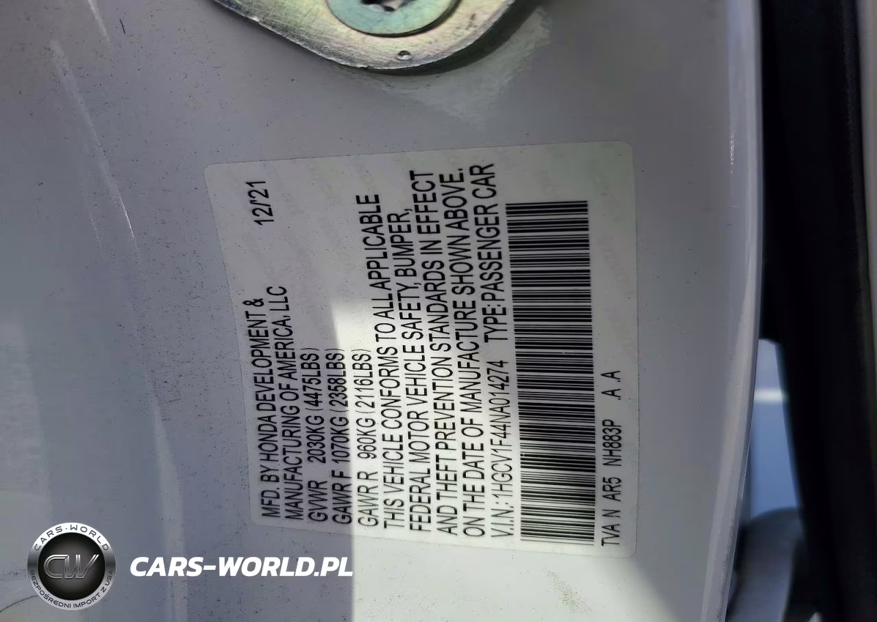 2022 Honda Accord Sport Se VIN:1HGCV1F44NA014274 - 13