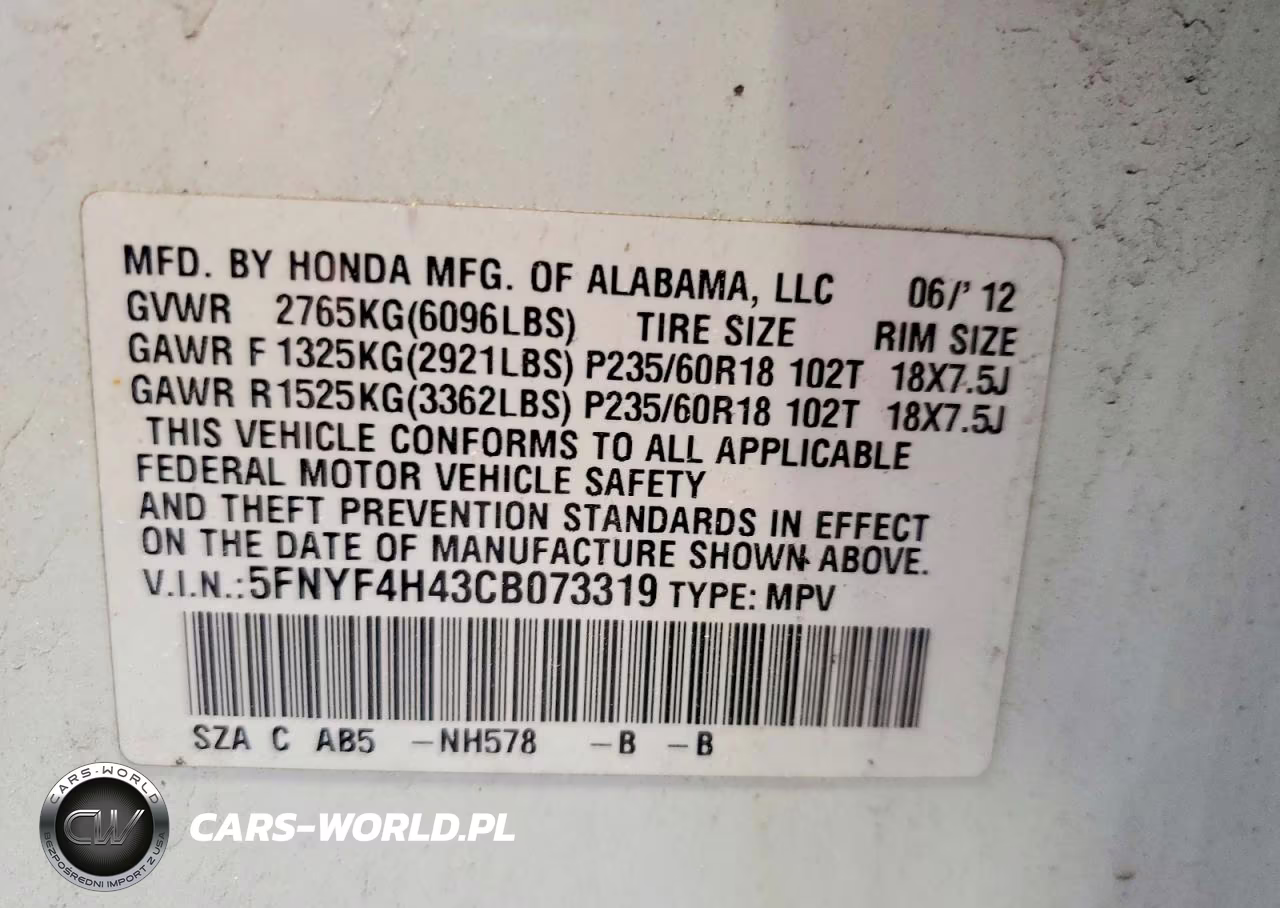 2012 Honda Pilot Ex VIN:5FNYF4H43CB073319 - 13
