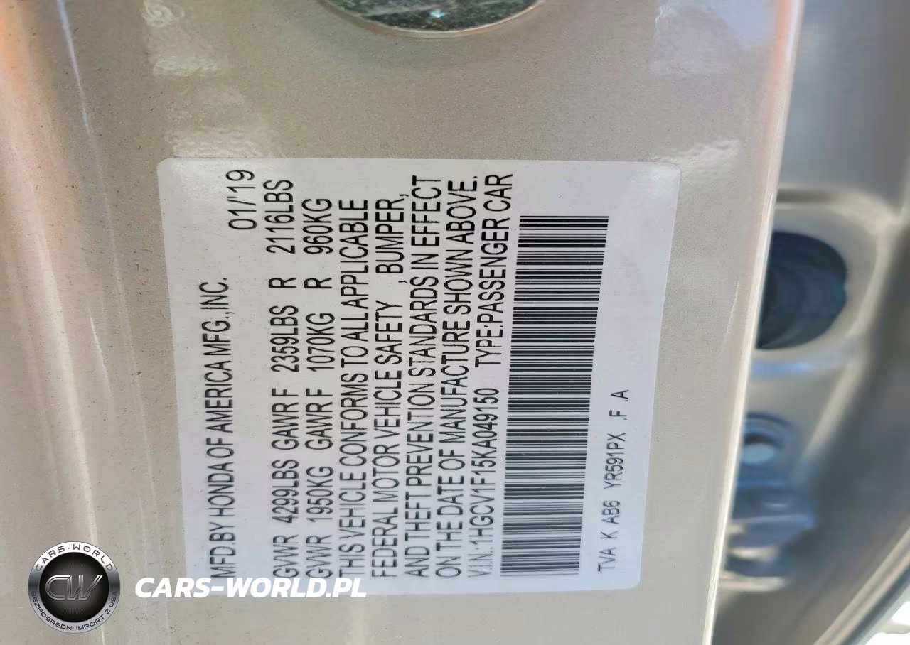 2019 Honda Accord Lx VIN:1HGCV1F15KA049150 - 12