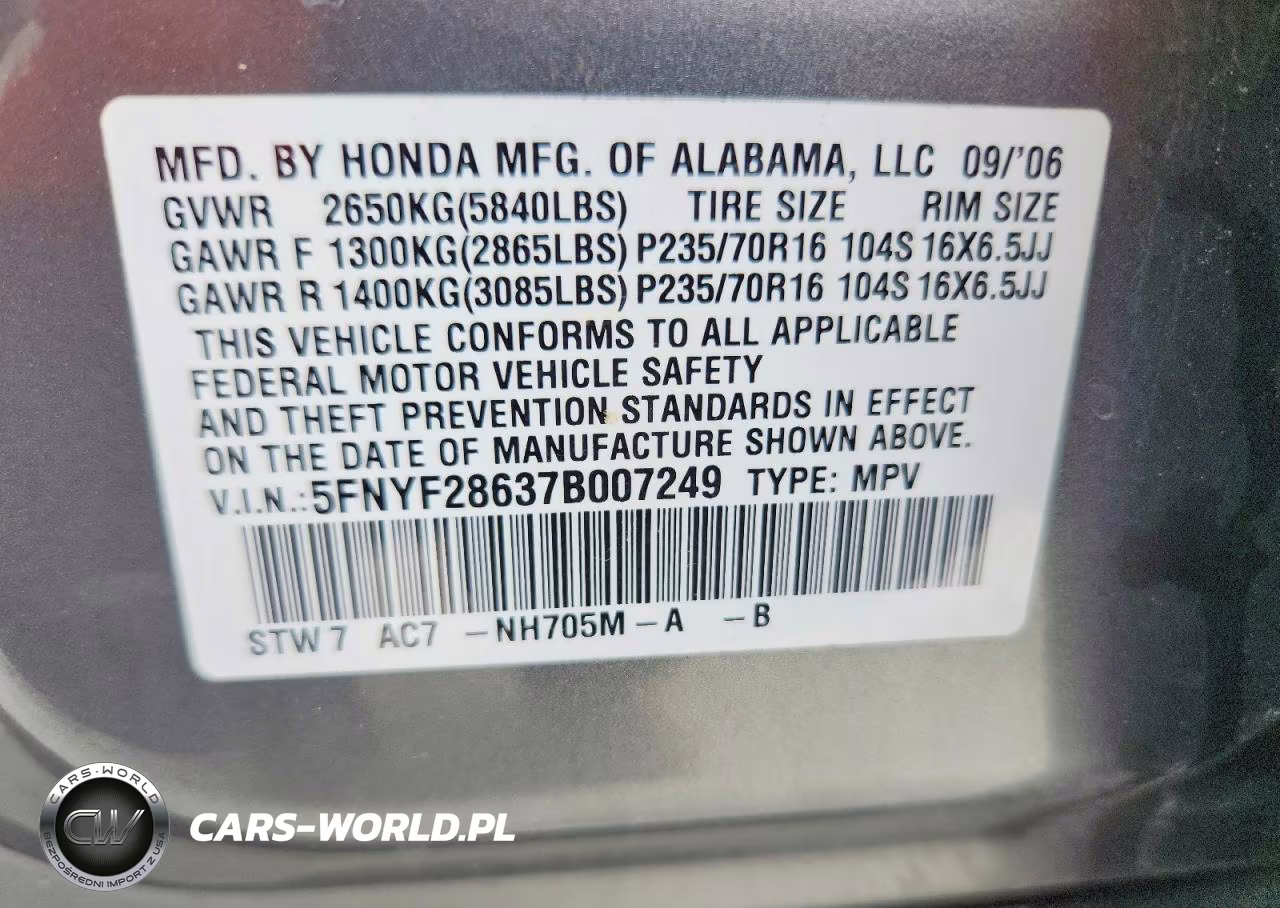 2007 Honda Pilot VIN:5FNYF28637B007249 - 14