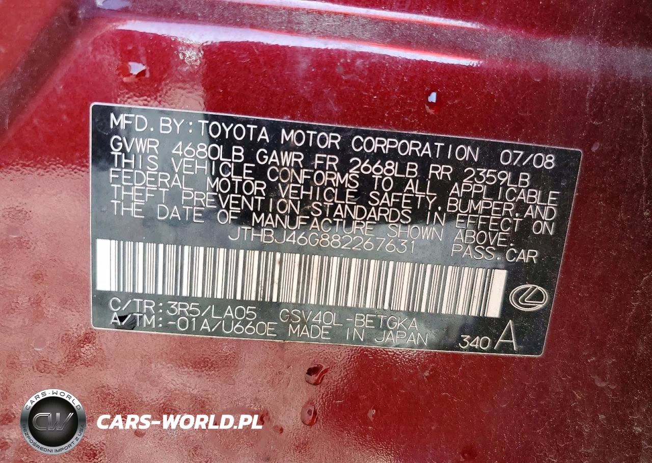 2008 Lexus Es 350 VIN:JTHBJ46G882267631 - 12