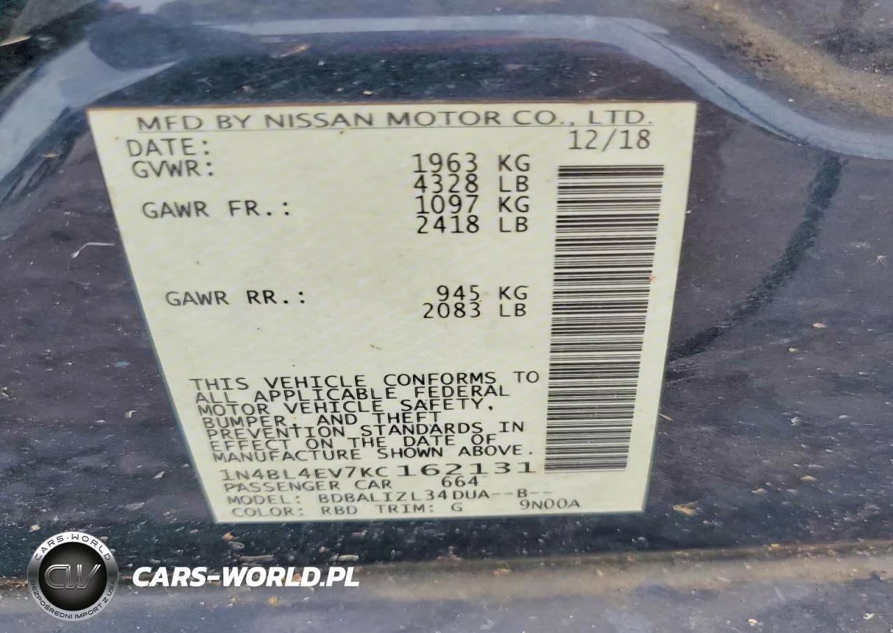 2019 Nissan Altima Sl VIN:1N4BL4EV7KC162131 - 13