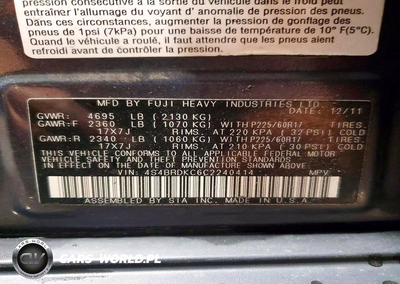 2012 Subaru Outback 3.6R Limited VIN:4S4BRDKC6C2240414 - 13
