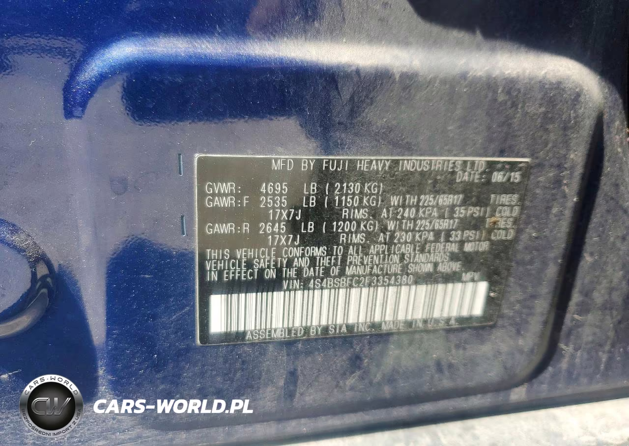 2015 Subaru Outback 2.5I Premium VIN:4S4BSBFC2F3354380 - 13