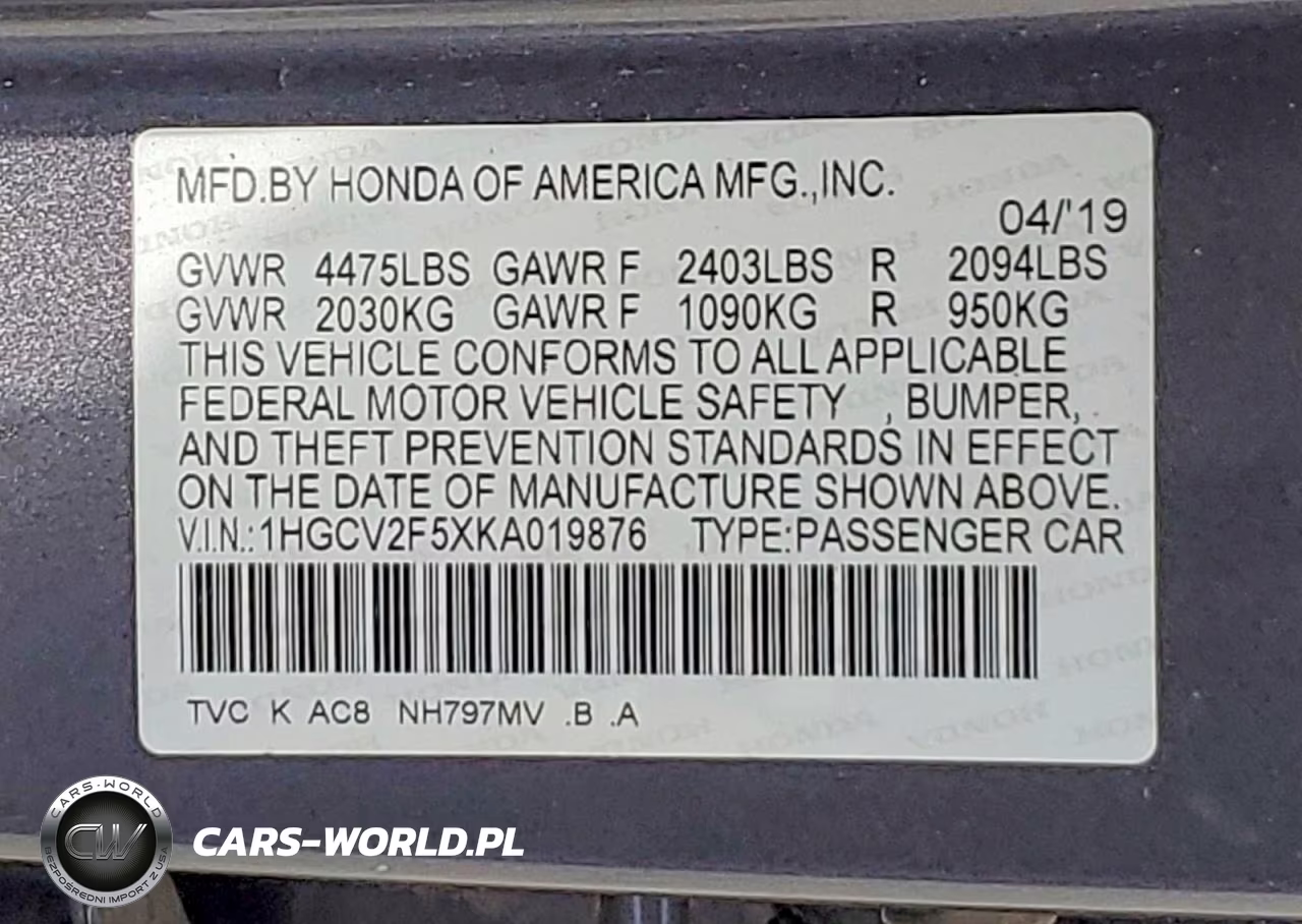 2019 Honda Accord Exl VIN:1HGCV2F5XKA019876 - 12