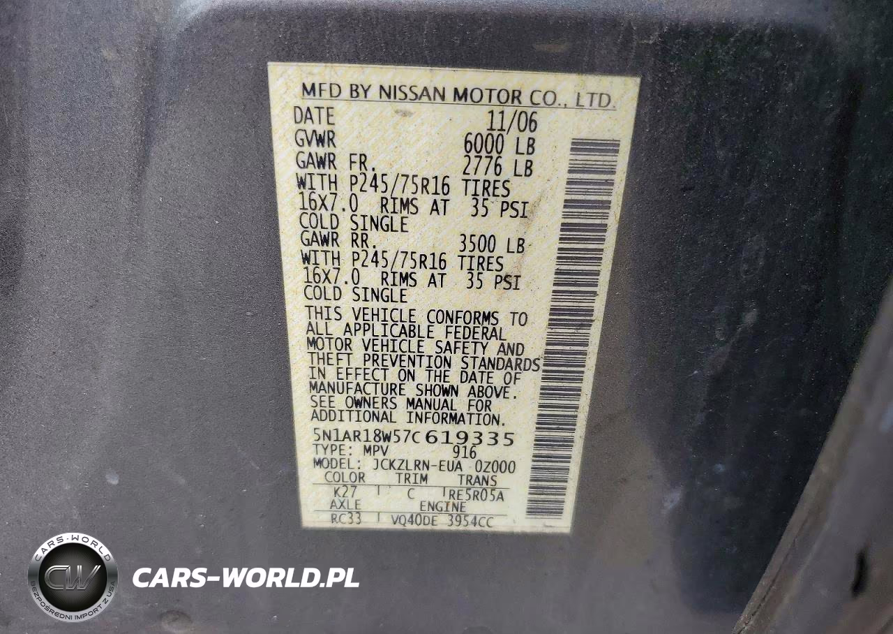 2007 Nissan Pathfinder S VIN:5N1AR18W57C619335 - 13