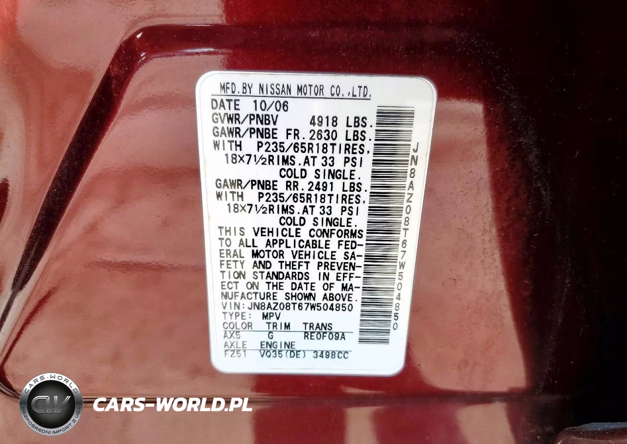 2007 Nissan Murano S VIN:JN8AZ08T67W504850 - 14