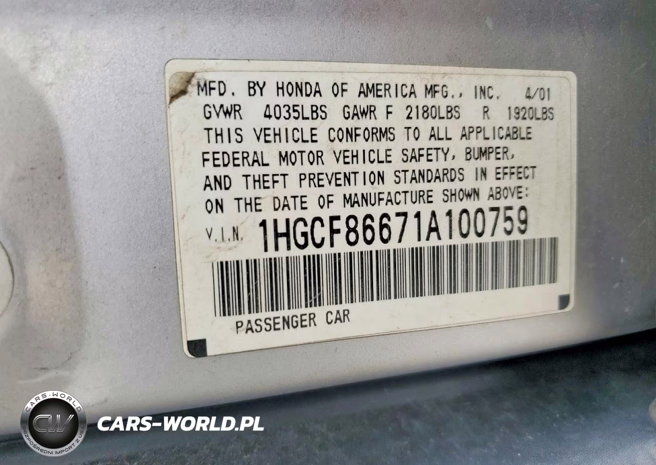 2001 Honda Accord Value VIN:1HGCF86671A100759 - 12