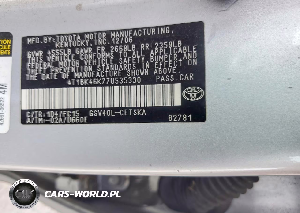 2007 Toyota Camry Se V6 VIN:4T1BK46K77U535330 - 12