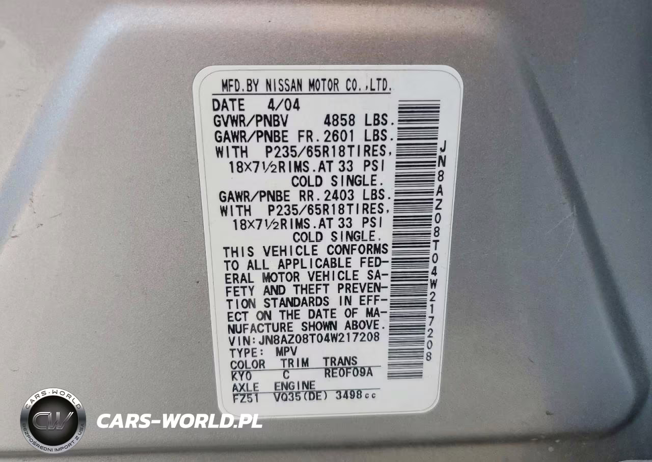2004 Nissan Murano Sl VIN:JN8AZ08T04W217208 - 13