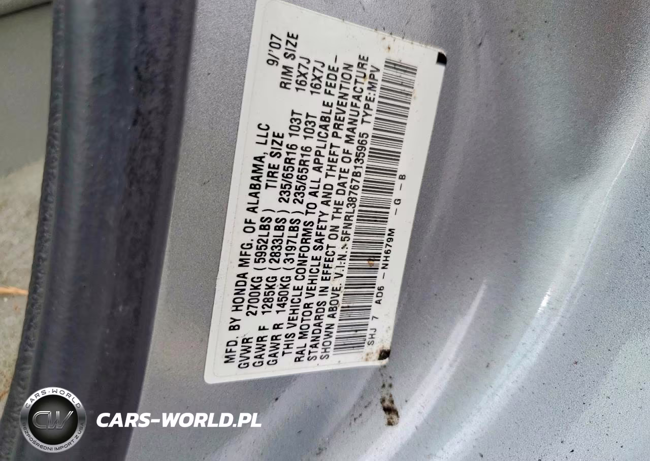 2007 Honda Odyssey Exl VIN:5FNRL38767B135965 - 13