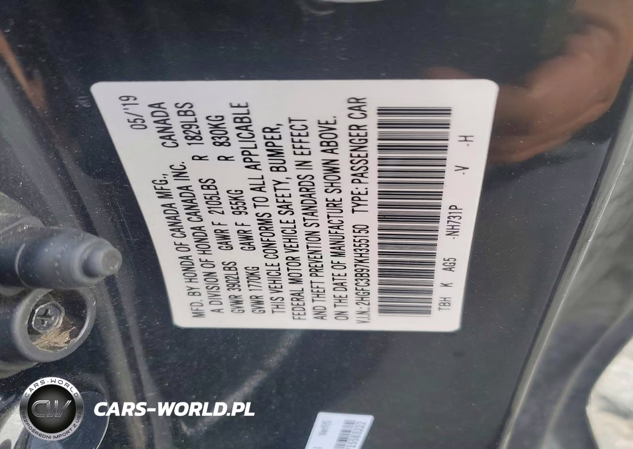 2019 Honda Civic Touring VIN:2HGFC3B97KH355150 - 12