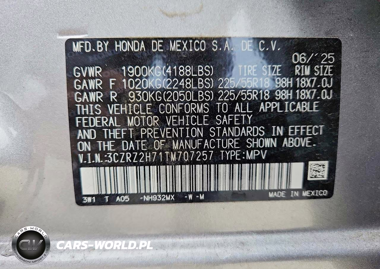 2026 Honda Hr-V Exl VIN:3CZRZ2H71TM707257 - 12