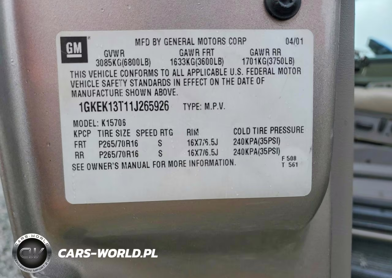 2001 GMC Yukon VIN:1GKEK13T11J265926 - 13