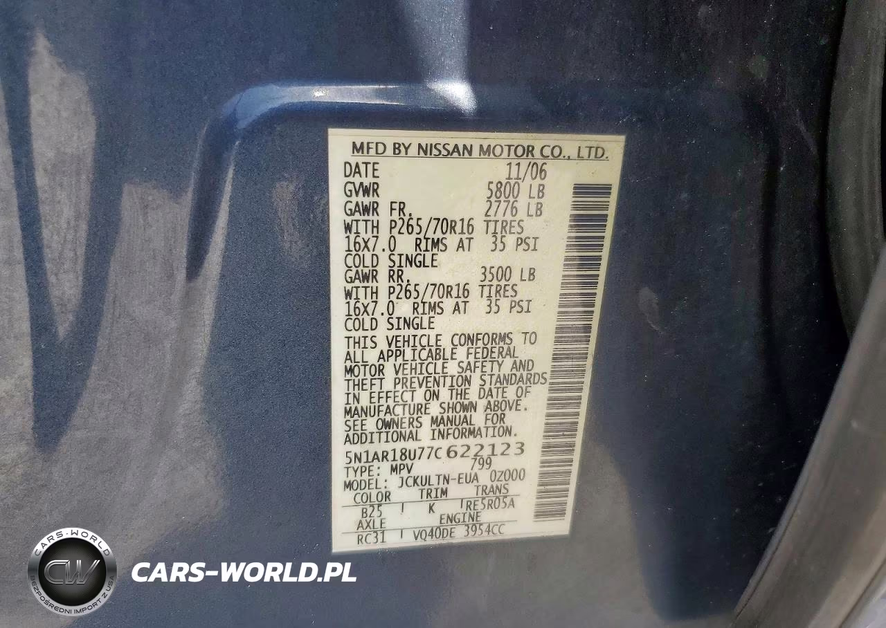 2007 Nissan Pathfinder S VIN:5N1AR18U77C622123 - 12