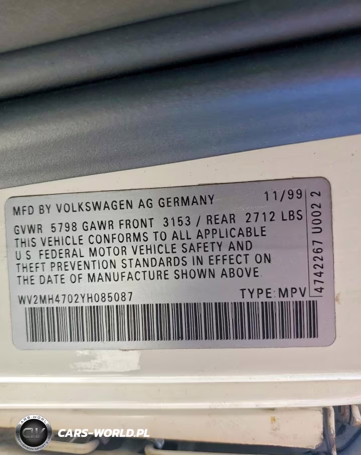 2000 Volkswagen Eurovan Mv VIN:WV2MH4702YH085087 - 12