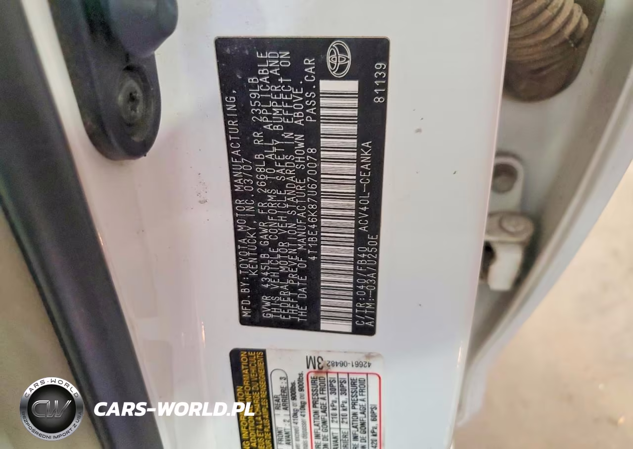 2007 Toyota Camry Le VIN:4T1BE46K87U670078 - 12