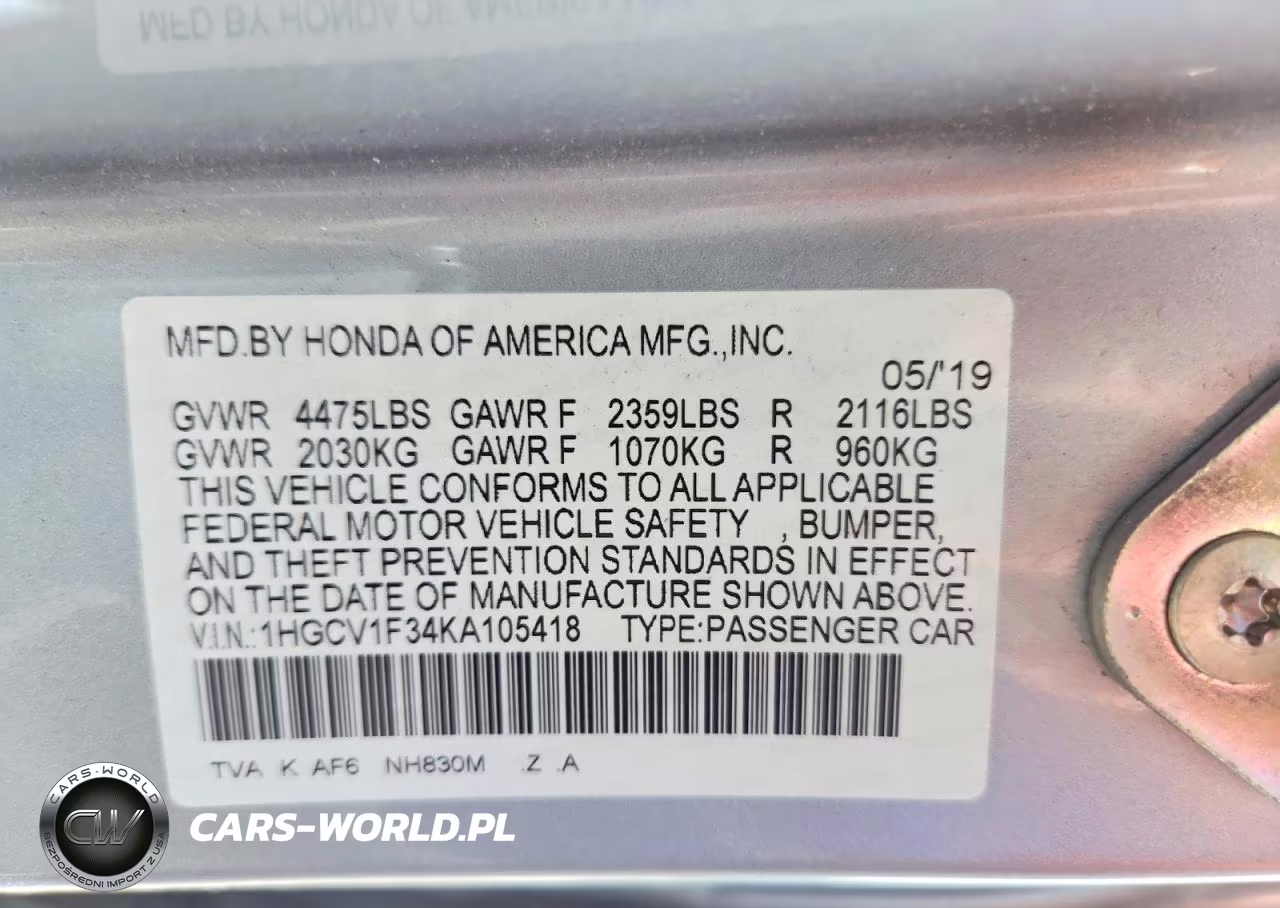 2019 Honda Accord Sport VIN:1HGCV1F34KA105418 - 12